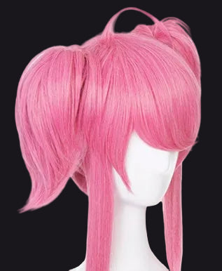 Pink wig with two ponytails on a white mannequin head