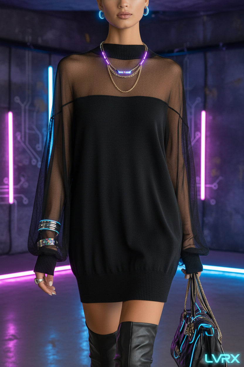 Black dress with sheer sleeves worn by a model against a neutral background