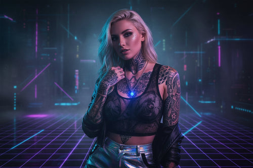 Necklace with a glowing blue heart pendant and angel wings on a white base