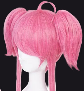 Pink wig with two ponytails on a mannequin head against a white background