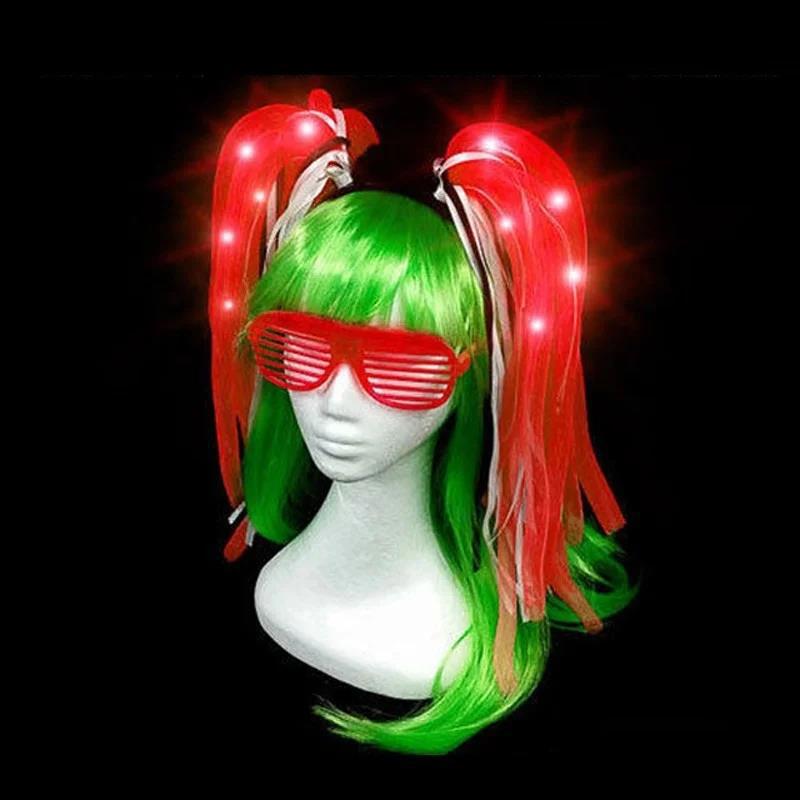 Mannequin head with green and red LED wig and sunglasses on a black background