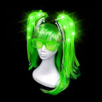Mannequin head with green LED wig and sunglasses on a black background