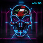 Skull mask with glowing blue accents on a white background