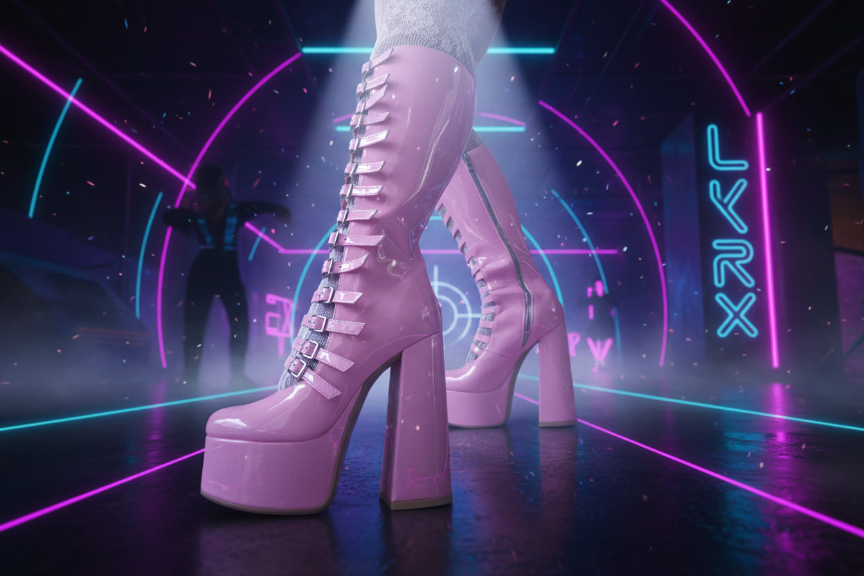 Pink platform boots with buckles