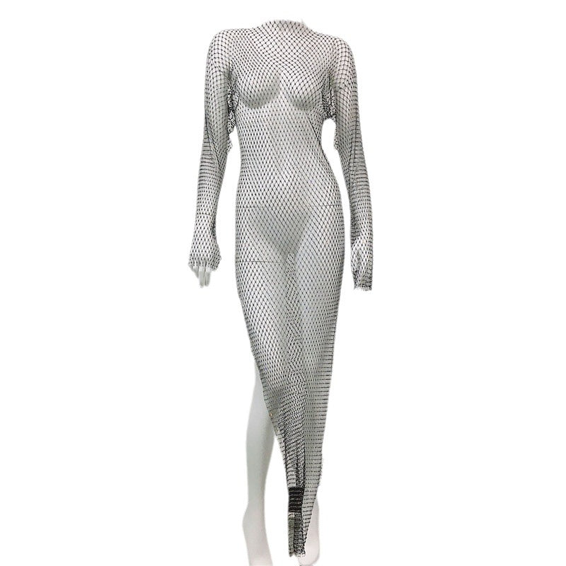 Women's Mesh Rhinestone Fishnet Sexy Slit Fishnet Dress