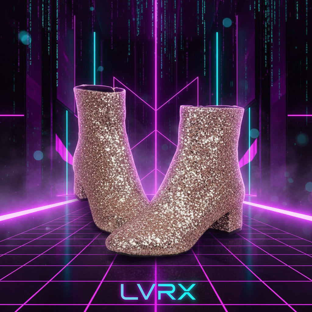 Silver glittery ankle boots held by a hand against a glittery background