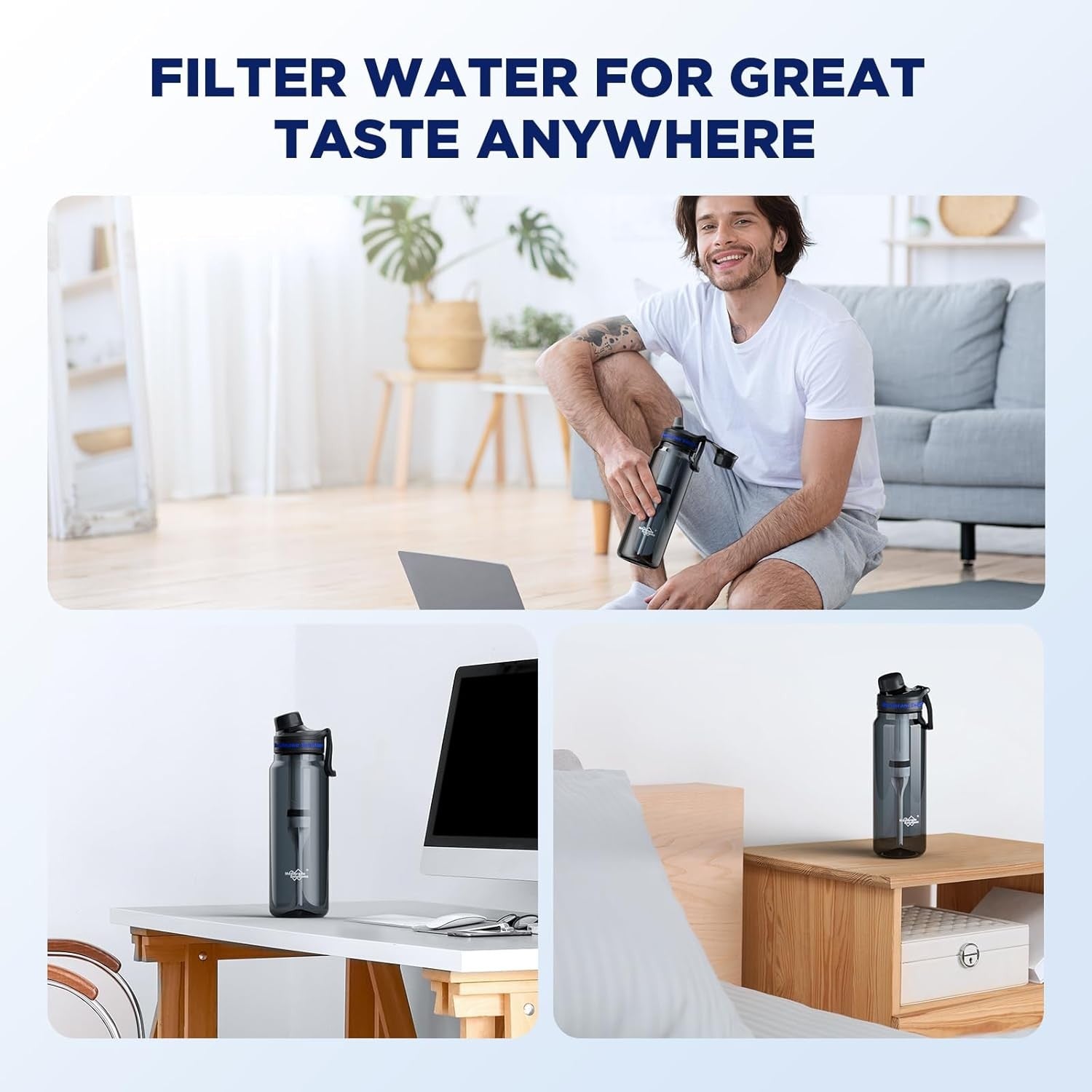 1060mL Water Filter Bottle, 4Stage F Daily Hydration Travel, Gray