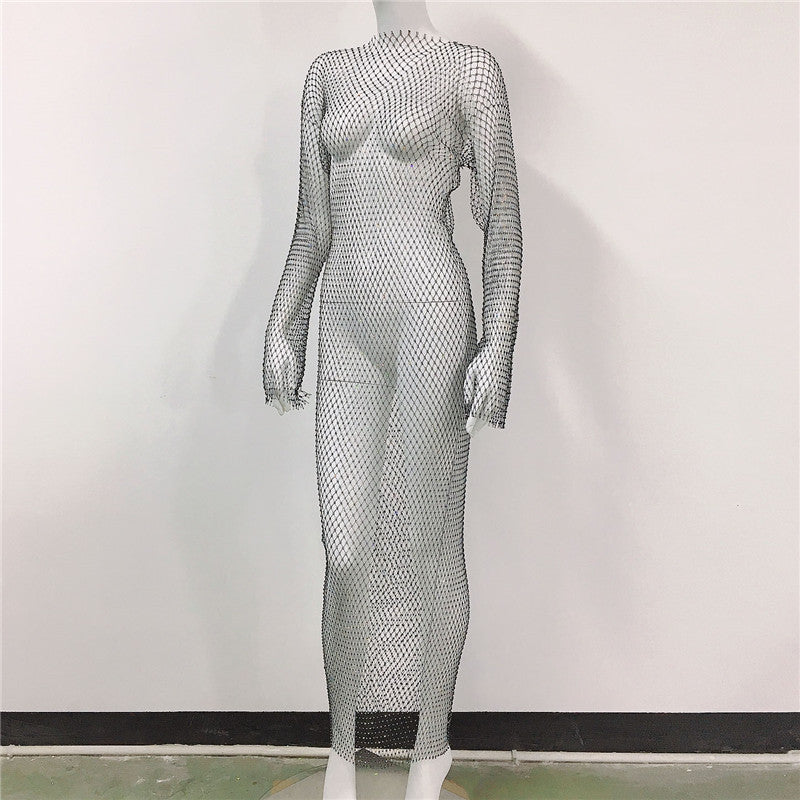 Women's Mesh Rhinestone Fishnet Sexy Slit Fishnet Dress