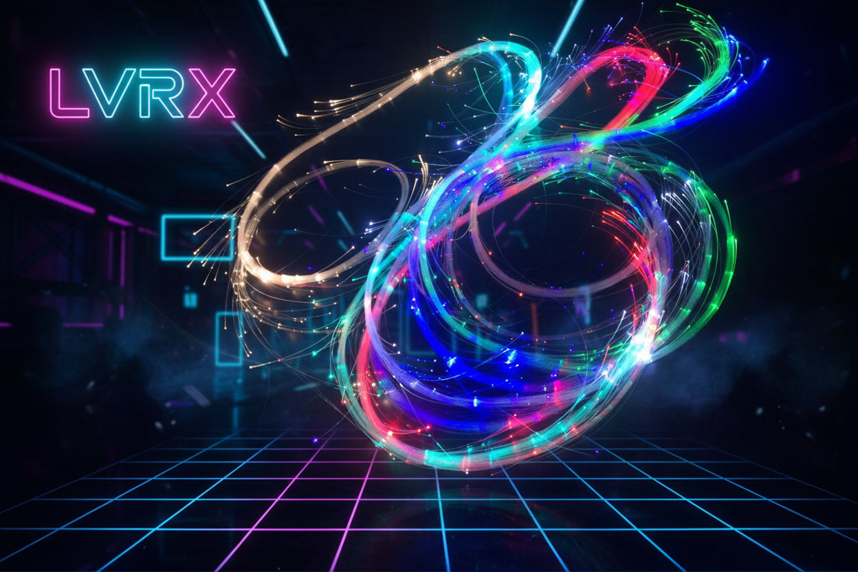 Fiber optic whip with colorful lights and people using it in various settings.