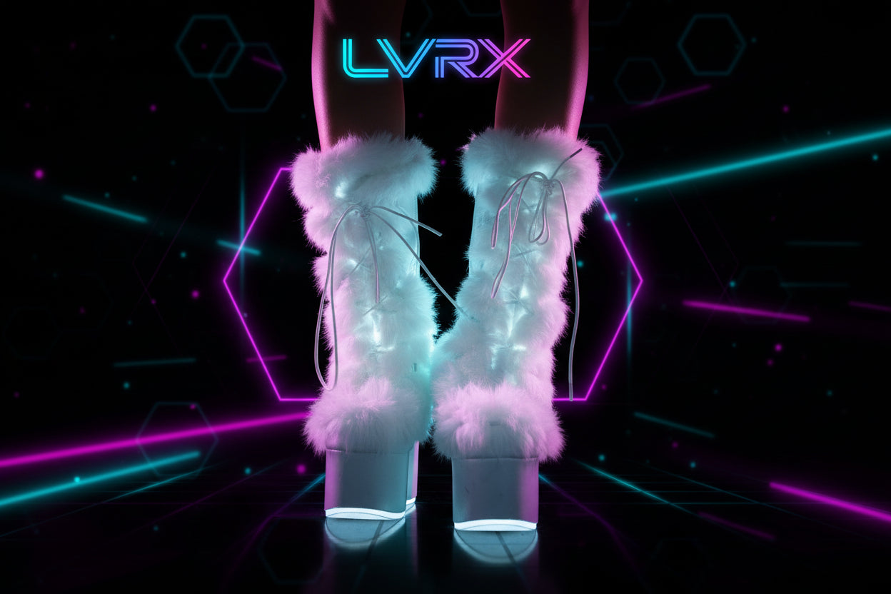 White fluffy knee-high boots on a glittery purple background