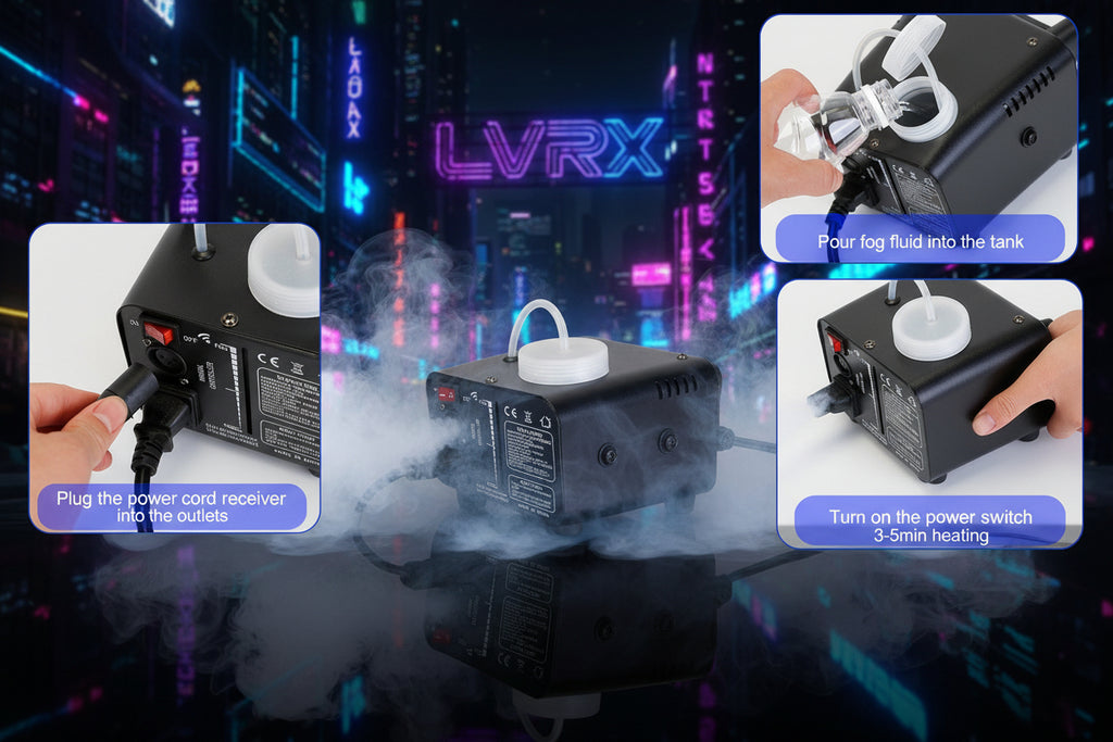 Step-by-step guide on how to use a fog machine with text instructions.