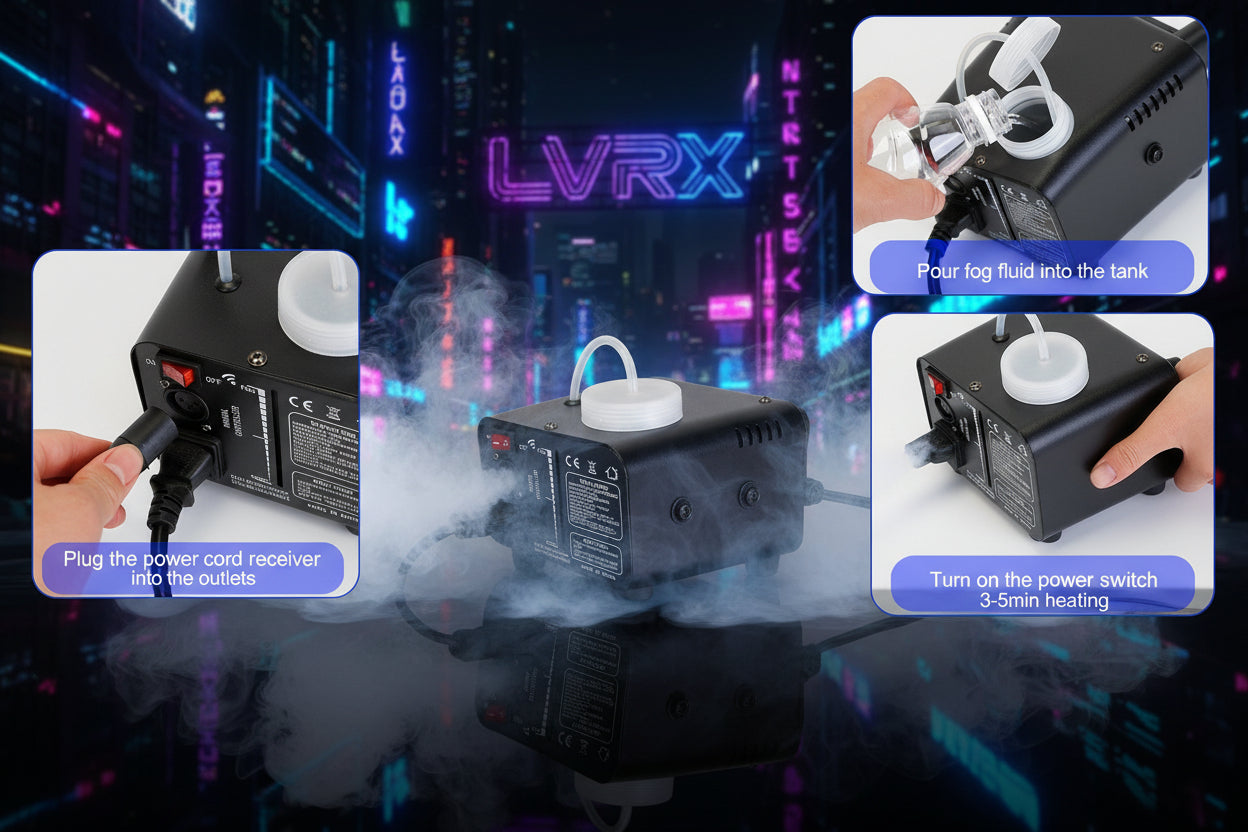 Step-by-step guide on how to use a fog machine with text instructions.