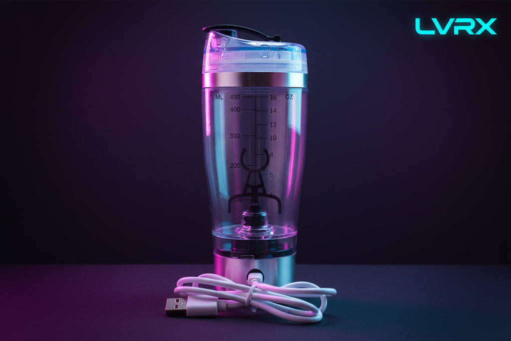 Shaker bottle with measurement markings and USB cable on a white background