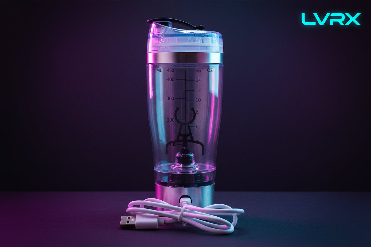 Shaker bottle with measurement markings and USB cable on a white background