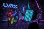 Two LED headbands with colorful lights on a geometric patterned background.