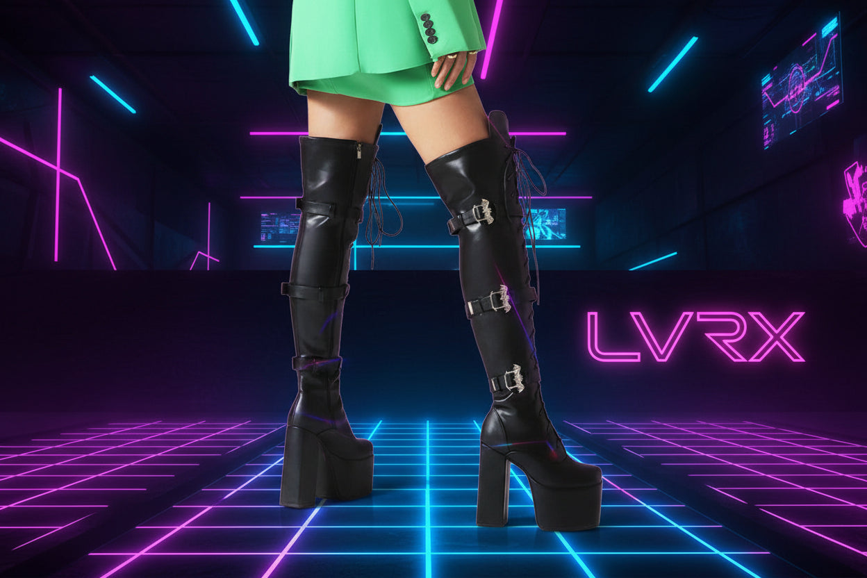 Black knee-high platform boots with high heels 