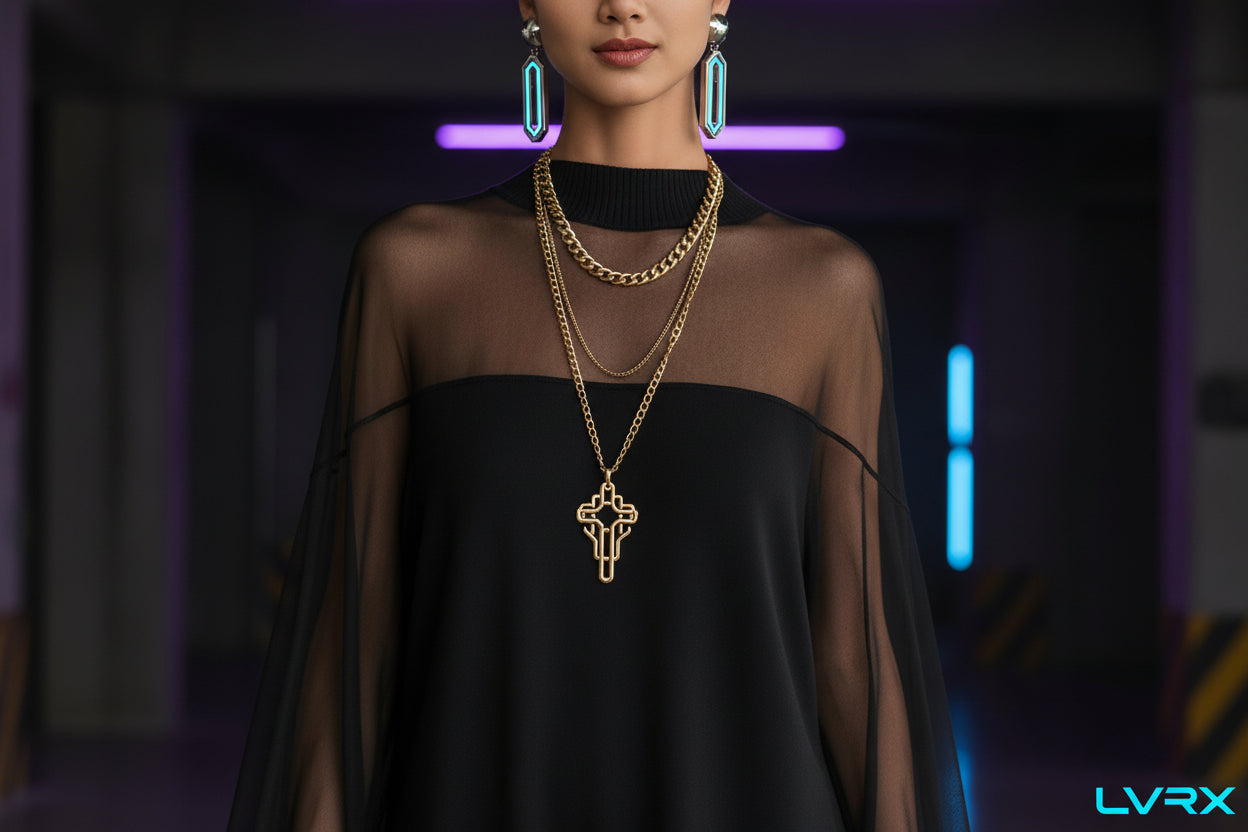 Person wearing a black dress with sheer sleeves and a gold necklace against a neutral background