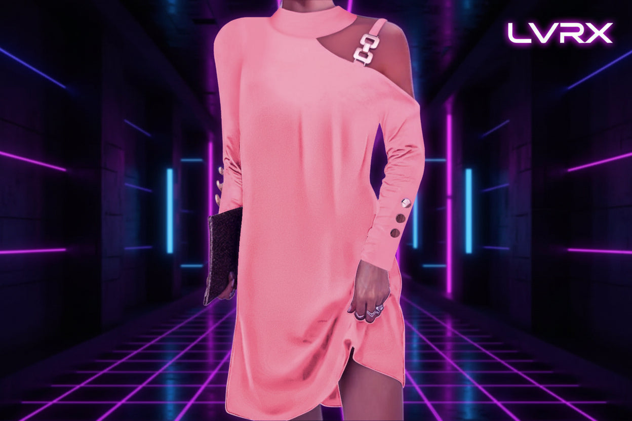 Coral dress with cut-out shoulders and gold buttons on a white background