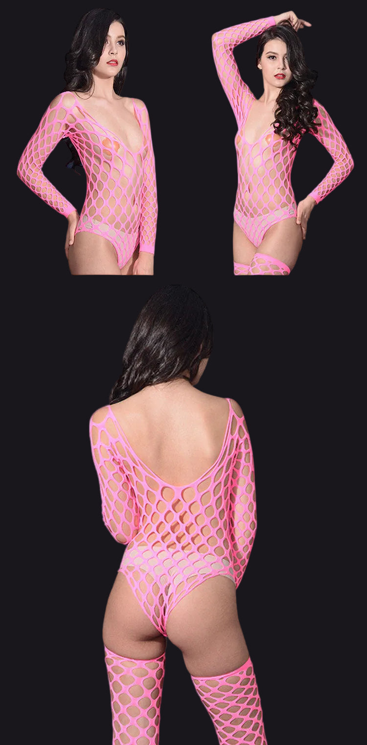 Pink fishnet bodysuit with matching stockings on a white background