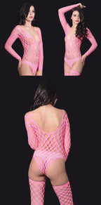 Pink fishnet bodysuit with matching stockings on a white background