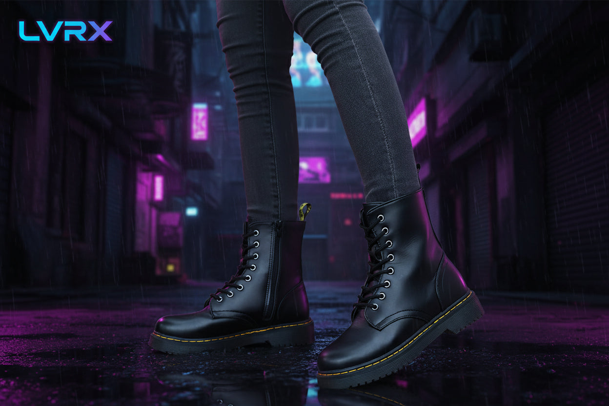 Black leather boots worn with gray jeans on a concrete step.