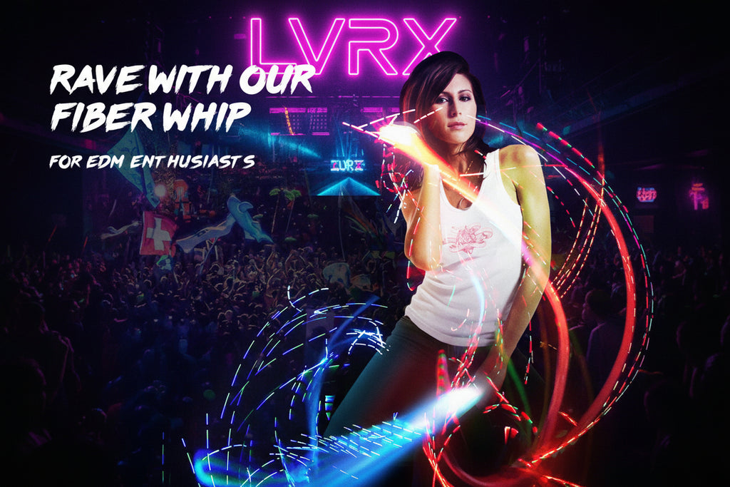 Person holding a fiber optic whip with colorful lights against a concert crowd background