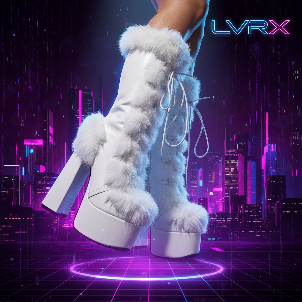 White fur-trimmed coat with a glittery purple background