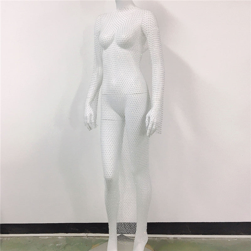 Women's Mesh Rhinestone Fishnet Sexy Slit Fishnet Dress