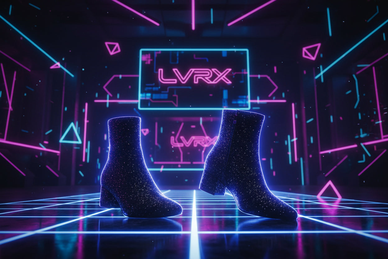 Black glittery ankle boots worn by a person 