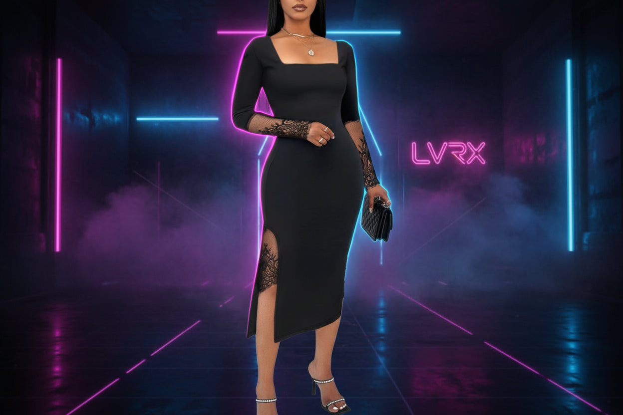 Black dress with lace details worn by a model in an indoor setting.