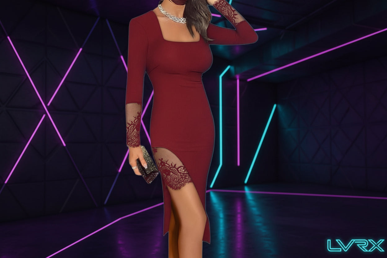 Red dress with lace details worn by a person in an indoor setting