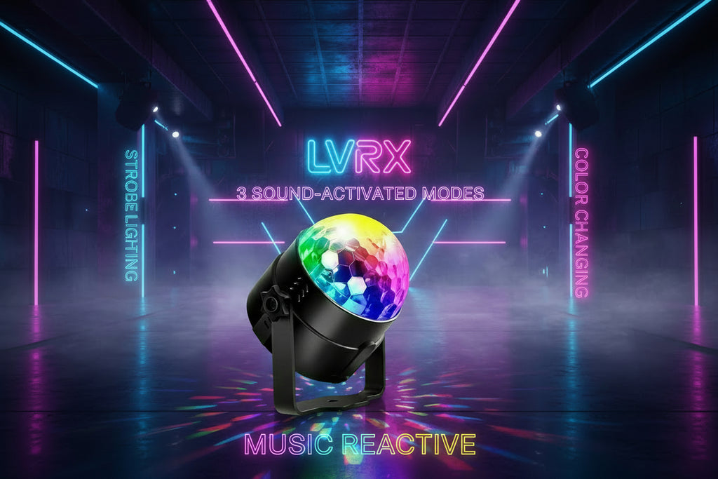 Sound-activated light effect device with colorful light display on a dark background with musical notes.