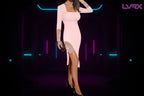 Pink dress with lace sleeves and hem on a white background