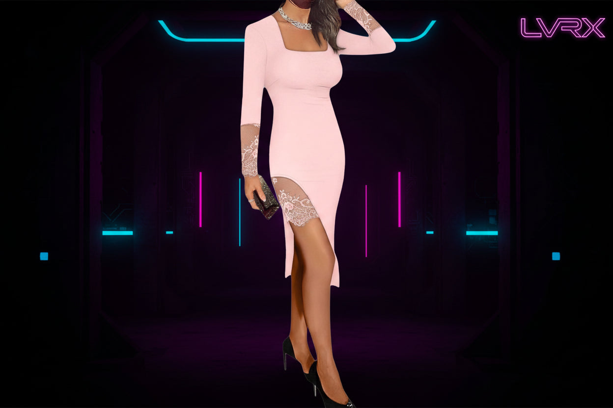 Pink dress with lace sleeves and hem on a white background