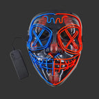 Neon LED mask with blue and red lights and a remote control on a white background