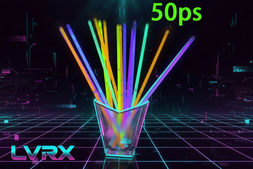 50 glow sticks in various colors in a  container