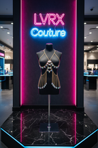 LVRX Neon Mesh Body Chain — luxury retail display on mannequin in LVRX Couture boutique