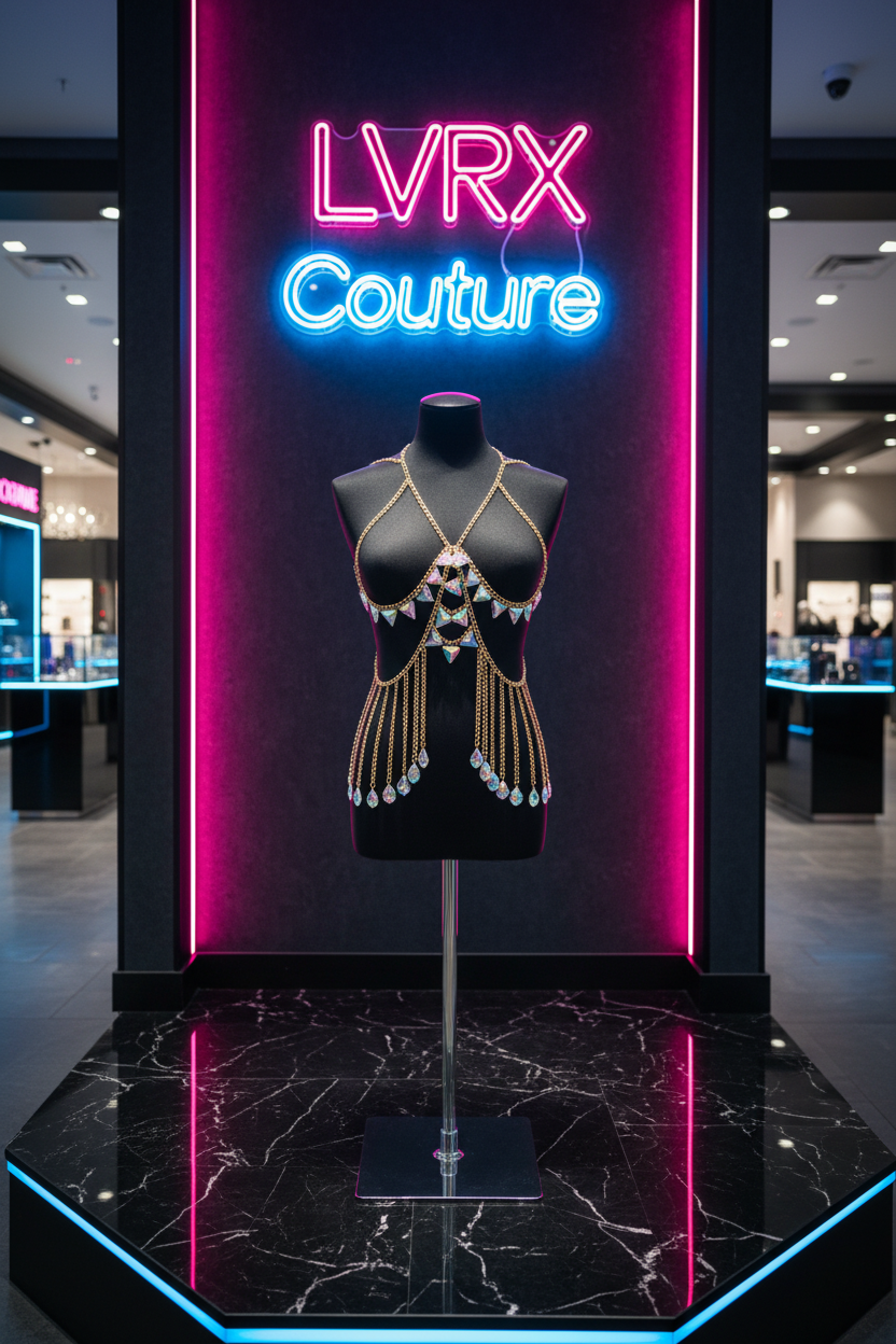 LVRX Neon Mesh Body Chain — luxury retail display on mannequin in LVRX Couture boutique