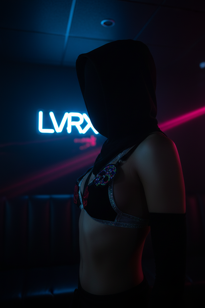 Side profile of model wearing LVRX skull hooded bra with gothic silhouette in Las Vegas VIP dark lounge