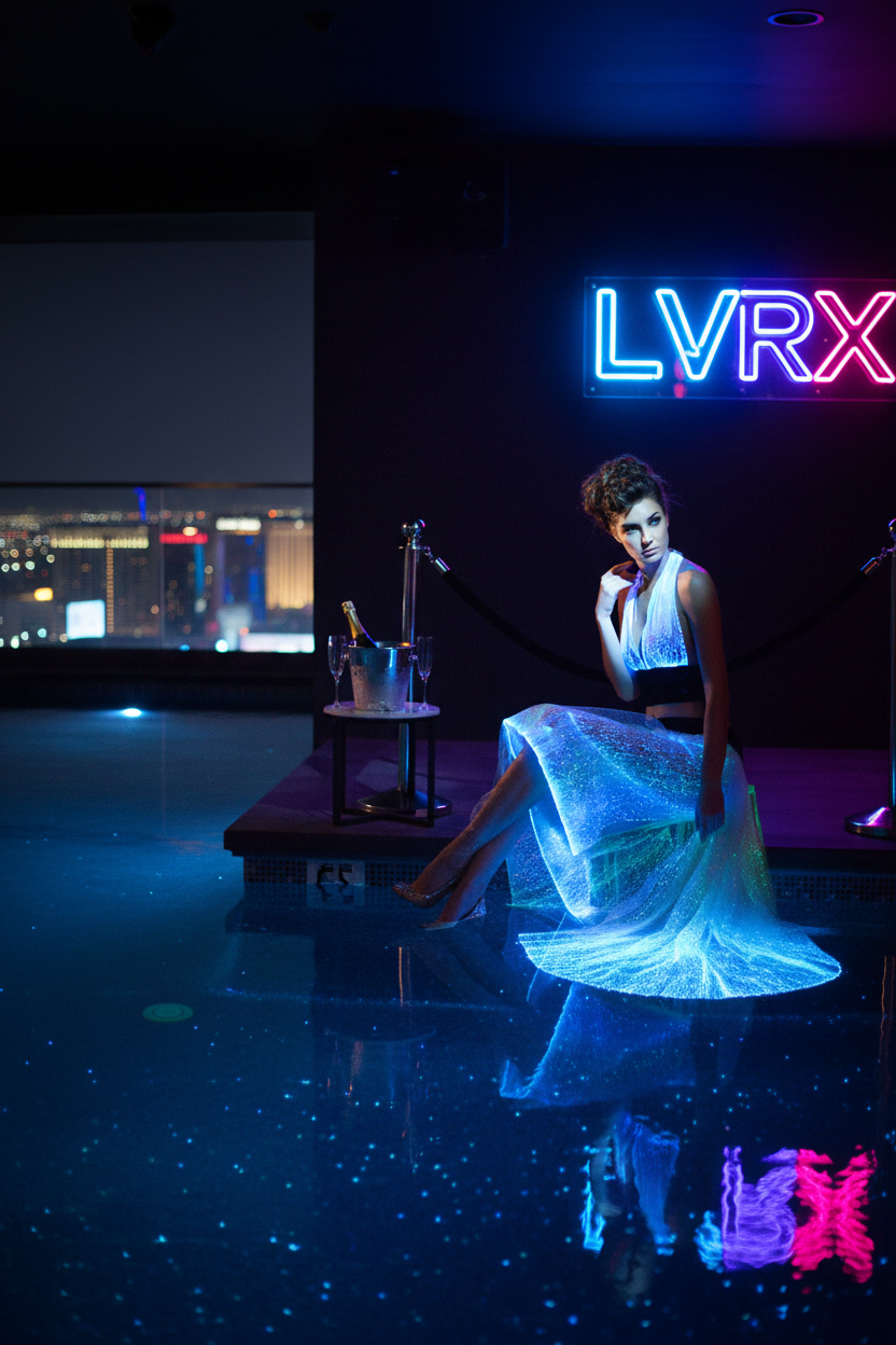 Model wearing LVRX fiber optic tube top and star glow skirt in a luxury Las Vegas VIP nightclub with neon lighting
