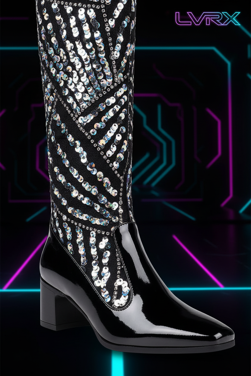 Close-up of LVRX sequin knee-high boots showing sequin detail and side zipper catching neon light