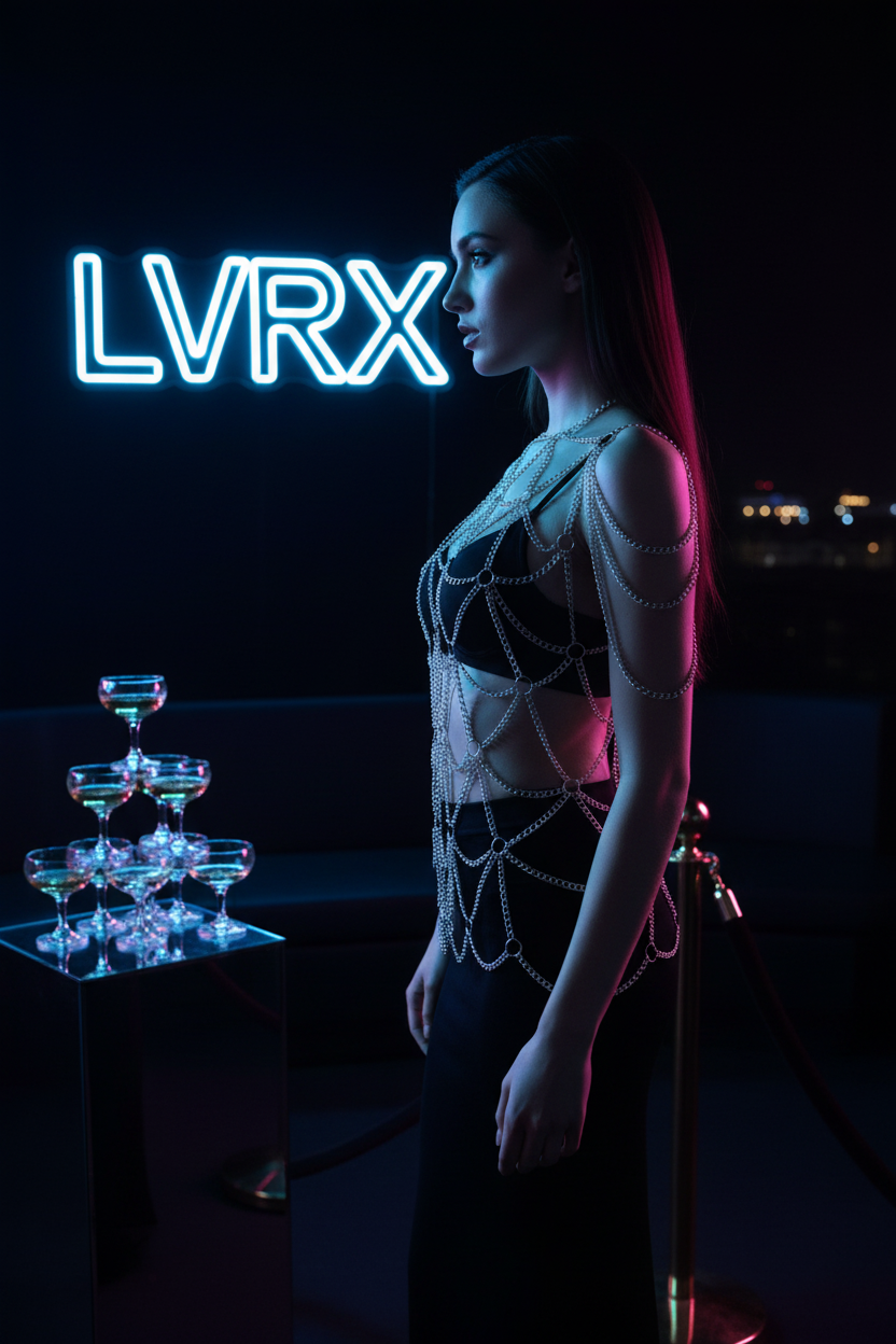 Side profile of model wearing LVRX Sovereign Body Chain silver in Las Vegas VIP rooftop lounge