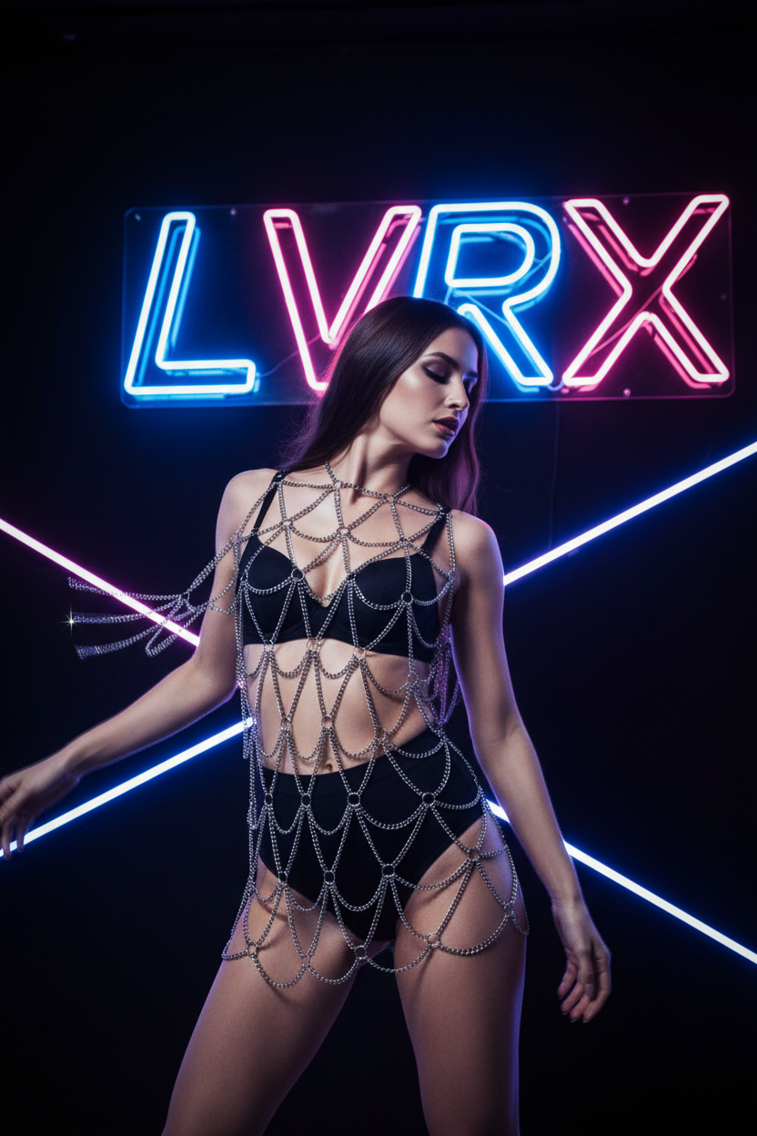 Model in motion wearing LVRX Sovereign Body Chain chains sparkling under Las Vegas nightclub lighting