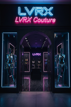 LVRX Skull Hooded Bra displayed at LVRX Couture luxury boutique storefront with neon signage