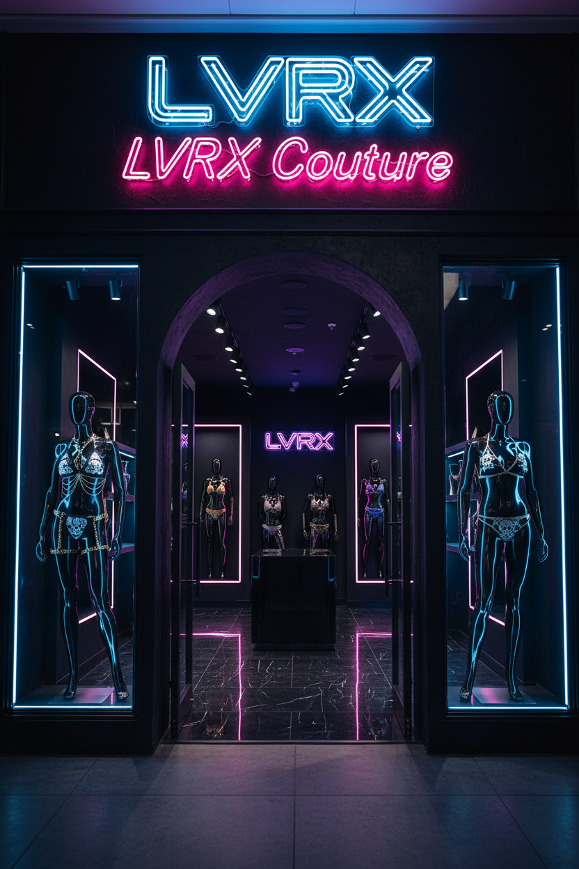 LVRX Skull Hooded Bra displayed at LVRX Couture luxury boutique storefront with neon signage