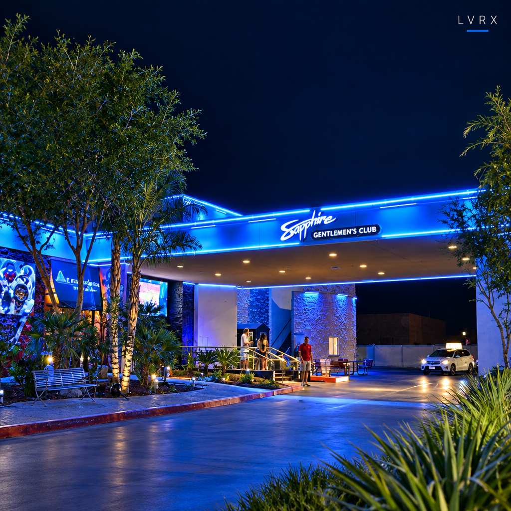 Sapphire Las Vegas exterior at night with a subtle LVRX wordmark.