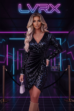 Model wearing LVRX black sequin bodycon dress in Las Vegas VIP nightclub with neon lighting