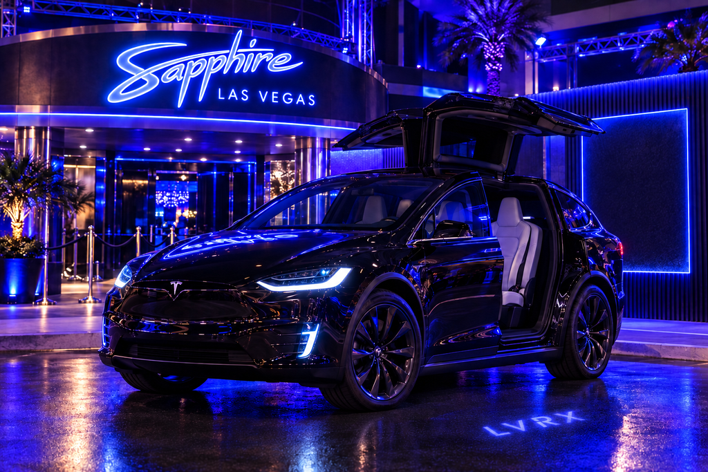 Black Tesla Model X outside Sapphire Las Vegas, with a small LVRX hologram projected on the pavement and no LVRX wall branding.
