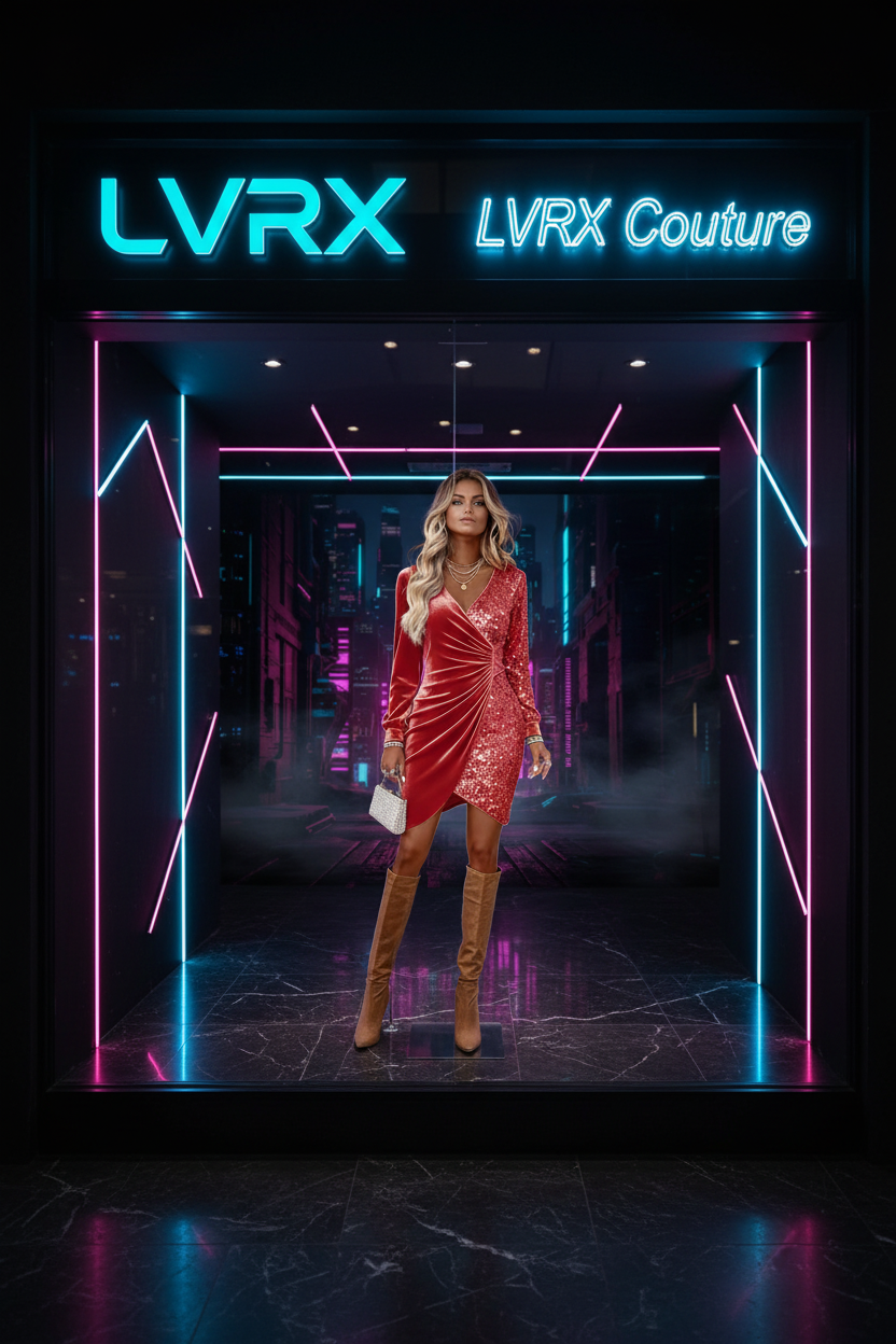 LVRX Sequin Night Dress displayed at LVRX Couture luxury boutique storefront with neon signage