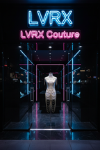 LVRX Sovereign Body Chain displayed at LVRX Couture luxury boutique storefront with neon signage